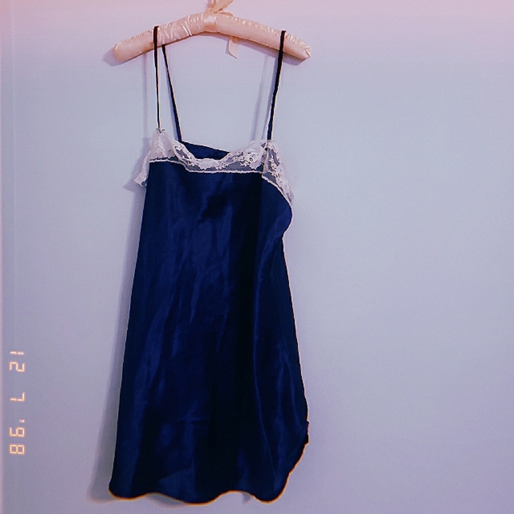 Vintage // Navy Lace Trim Silky Chemise / Slip